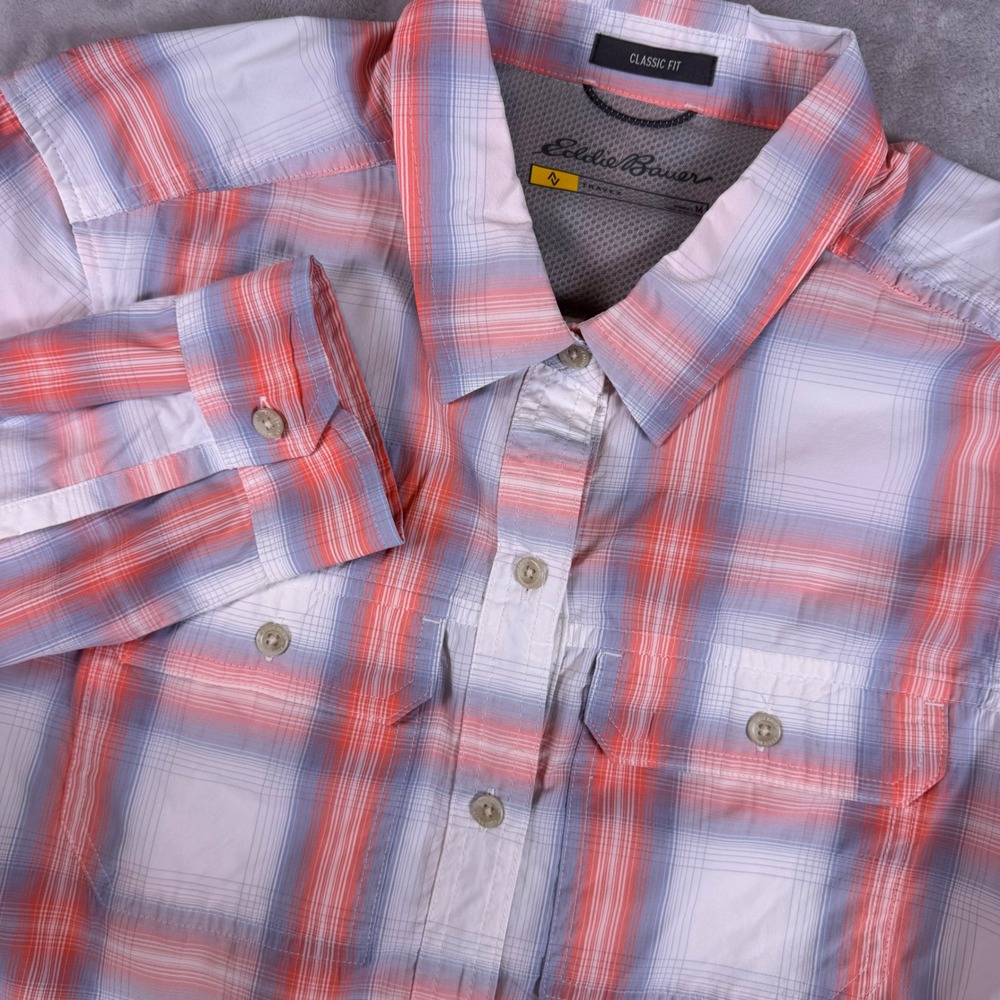 Eddie Bauer Travex Classic Fit Plaid Button Down Shirt Womens M Orange Blue